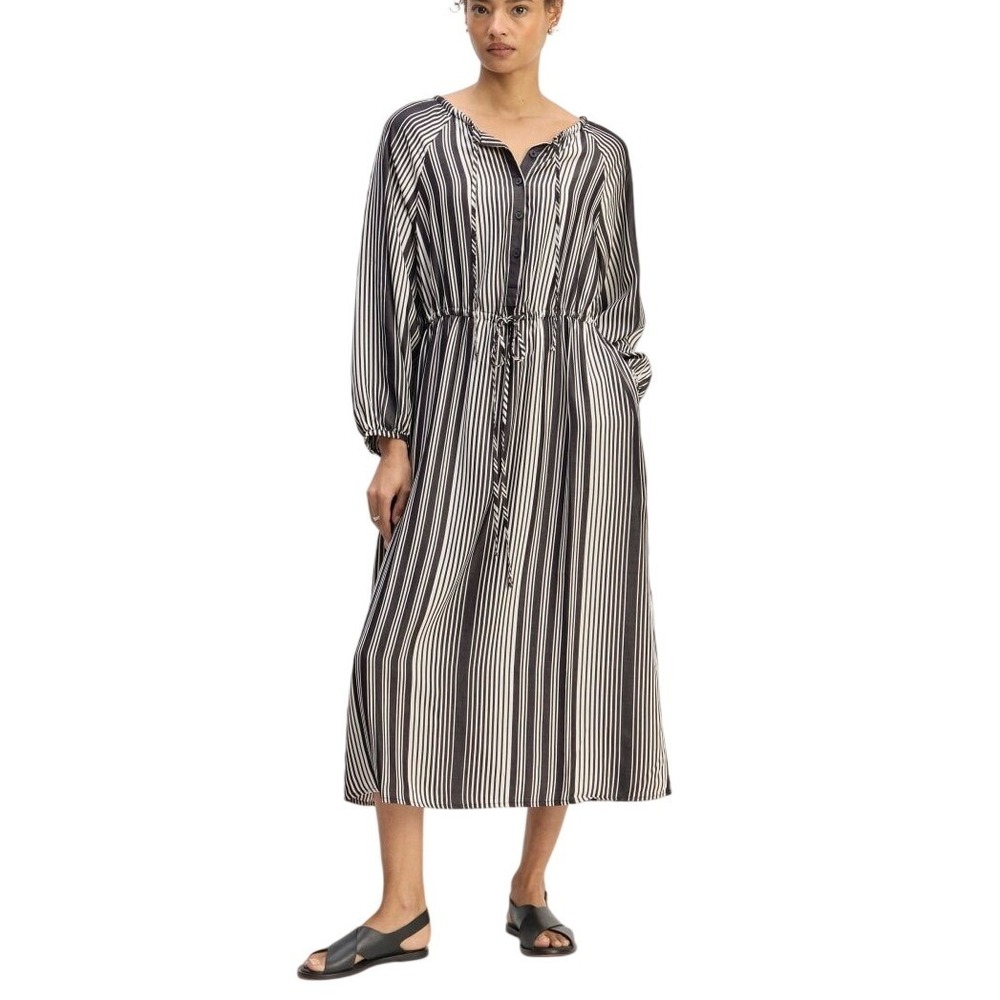Everlane The Tencel Gathered Maxi Dress Womens M Bone Black Striped Minimalist
